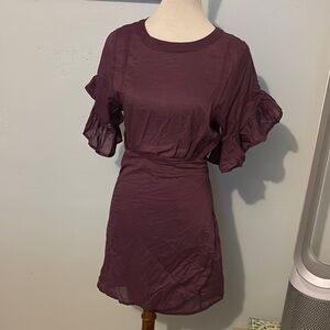 Elegant Purple maroon Ruffle Sleeve wrap Dress